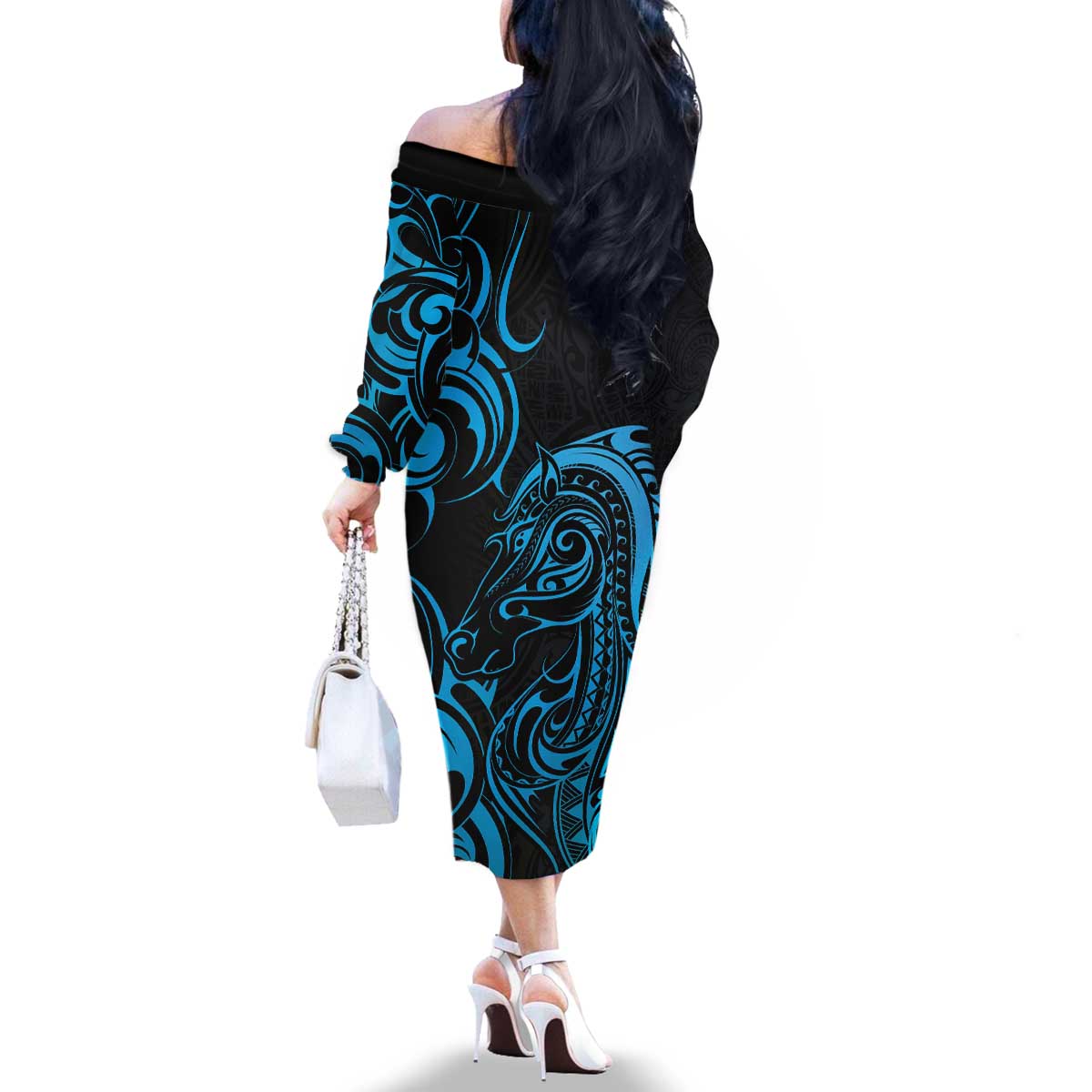 Blue Aoteara Horse Racing Family Matching Off The Shoulder Long Sleeve Dress and Hawaiian Shirt NZ Maori Pattern