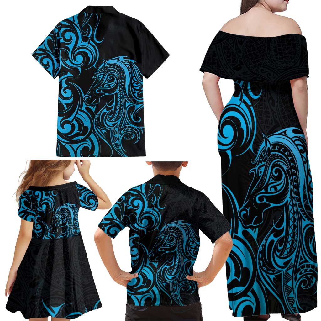 Blue Aoteara Horse Racing Family Matching Off Shoulder Maxi Dress and Hawaiian Shirt NZ Maori Pattern