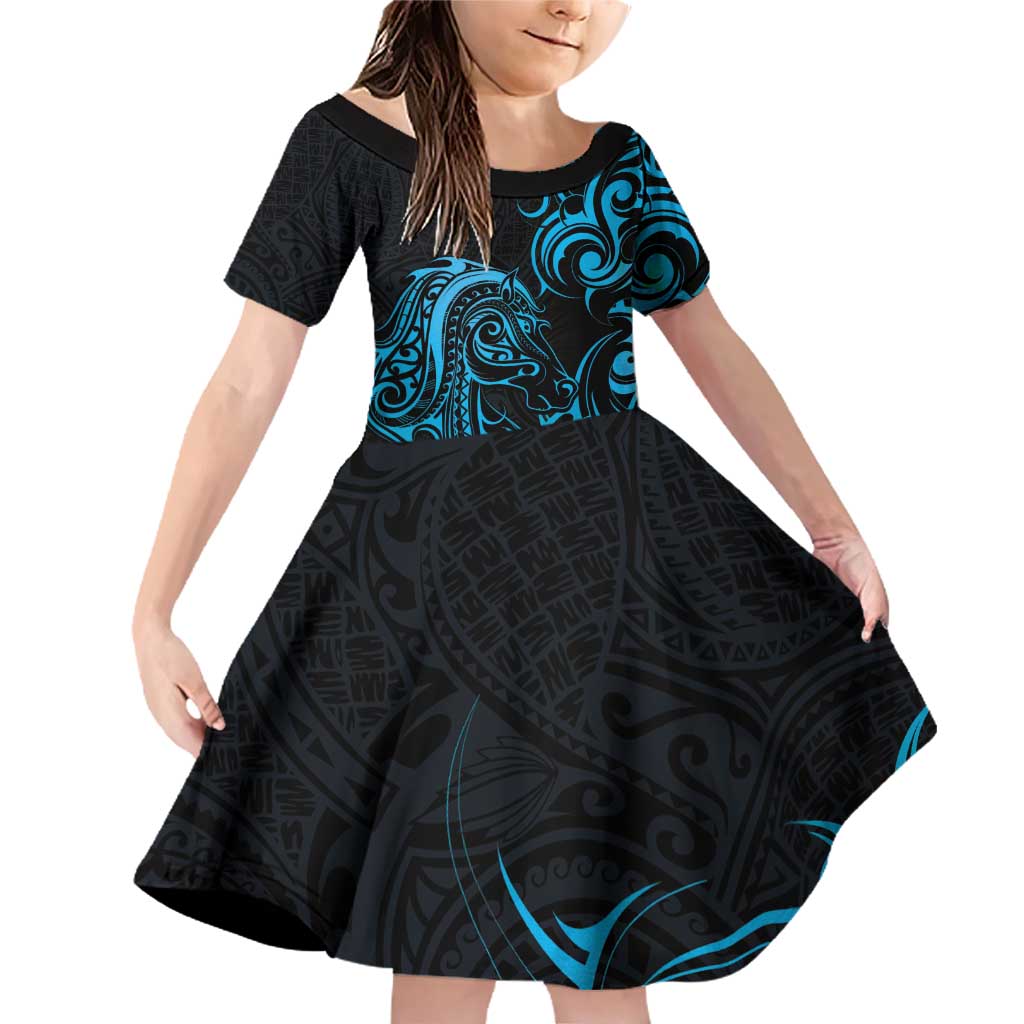 Blue Aoteara Horse Racing Family Matching Off Shoulder Short Dress and Hawaiian Shirt NZ Maori Pattern