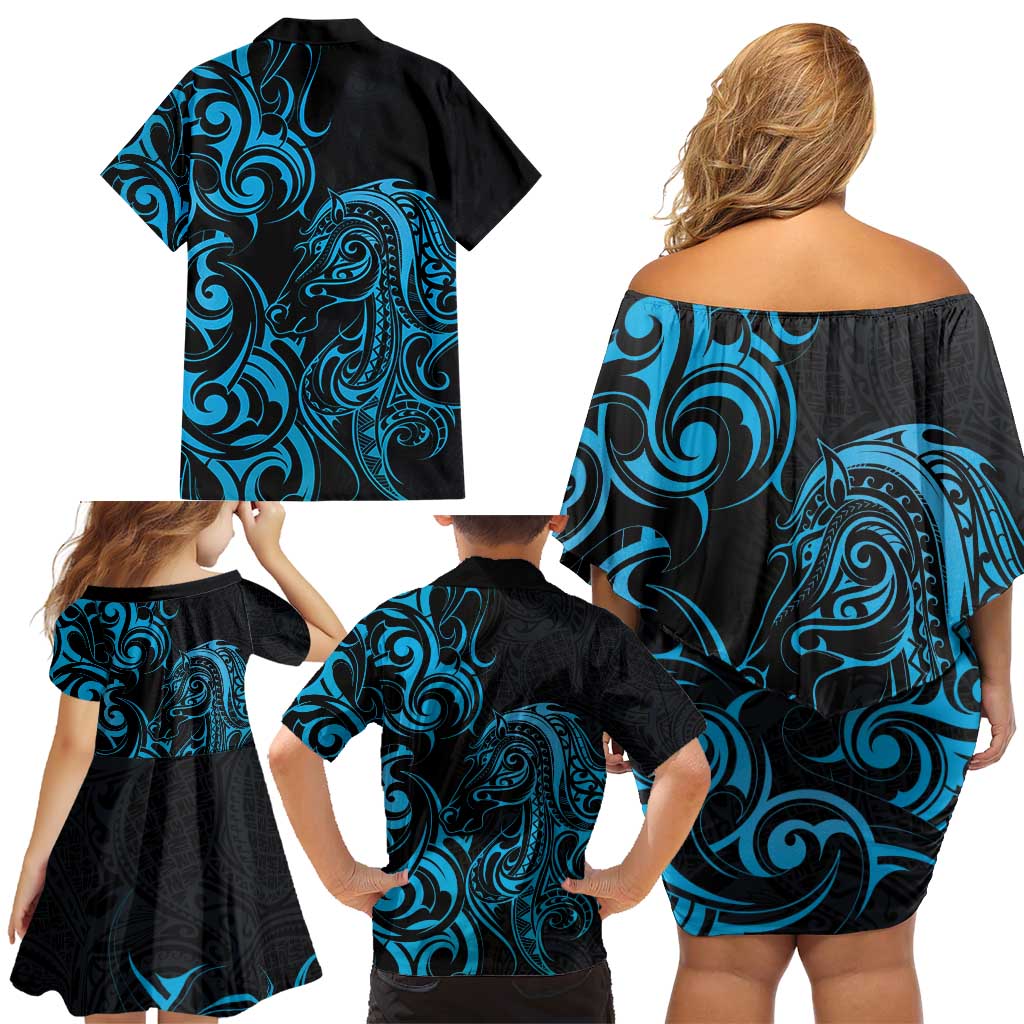 Blue Aoteara Horse Racing Family Matching Off Shoulder Short Dress and Hawaiian Shirt NZ Maori Pattern