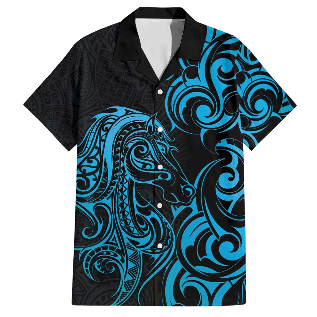 Blue Aoteara Horse Racing Family Matching Off Shoulder Short Dress and Hawaiian Shirt NZ Maori Pattern