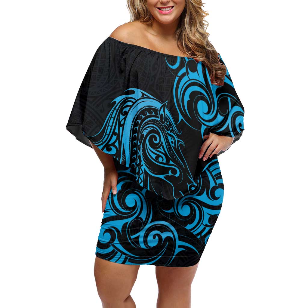 Blue Aoteara Horse Racing Family Matching Off Shoulder Short Dress and Hawaiian Shirt NZ Maori Pattern