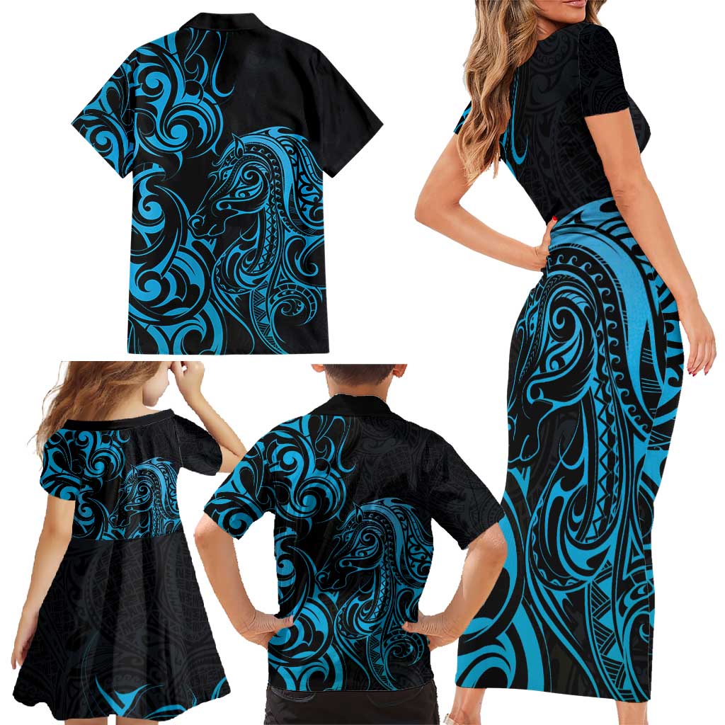 Blue Aoteara Horse Racing Family Matching Short Sleeve Bodycon Dress and Hawaiian Shirt NZ Maori Pattern