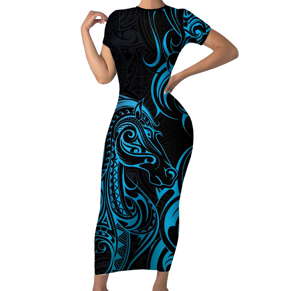 Blue Aoteara Horse Racing Family Matching Short Sleeve Bodycon Dress and Hawaiian Shirt NZ Maori Pattern