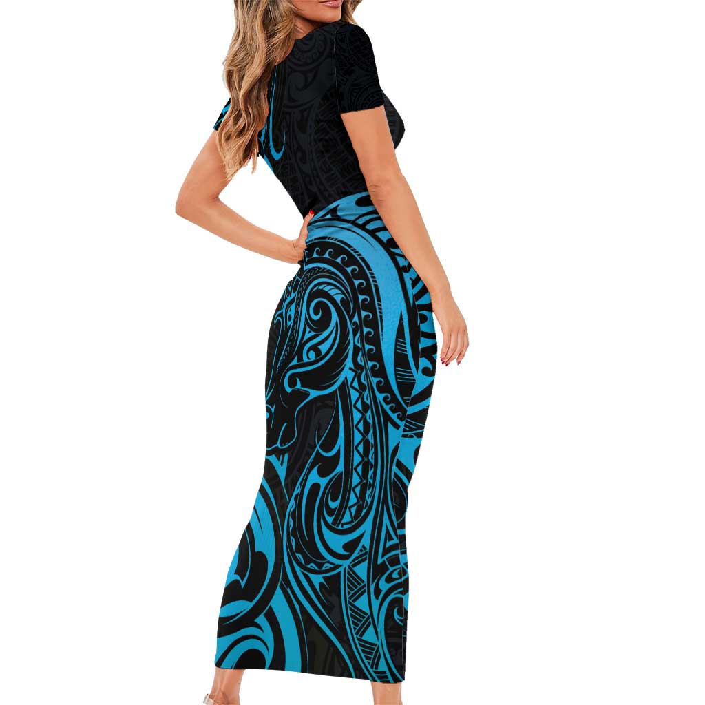 Blue Aoteara Horse Racing Family Matching Short Sleeve Bodycon Dress and Hawaiian Shirt NZ Maori Pattern