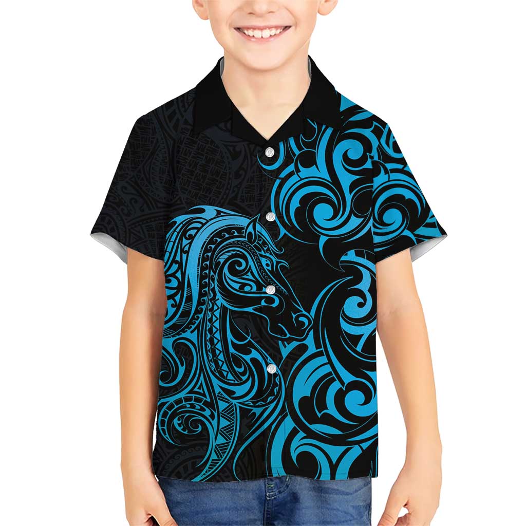 Blue Aoteara Horse Racing Family Matching Short Sleeve Bodycon Dress and Hawaiian Shirt NZ Maori Pattern