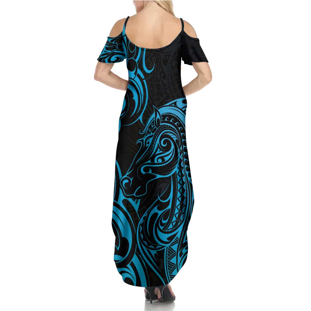 Blue Aoteara Horse Racing Family Matching Summer Maxi Dress and Hawaiian Shirt NZ Maori Pattern