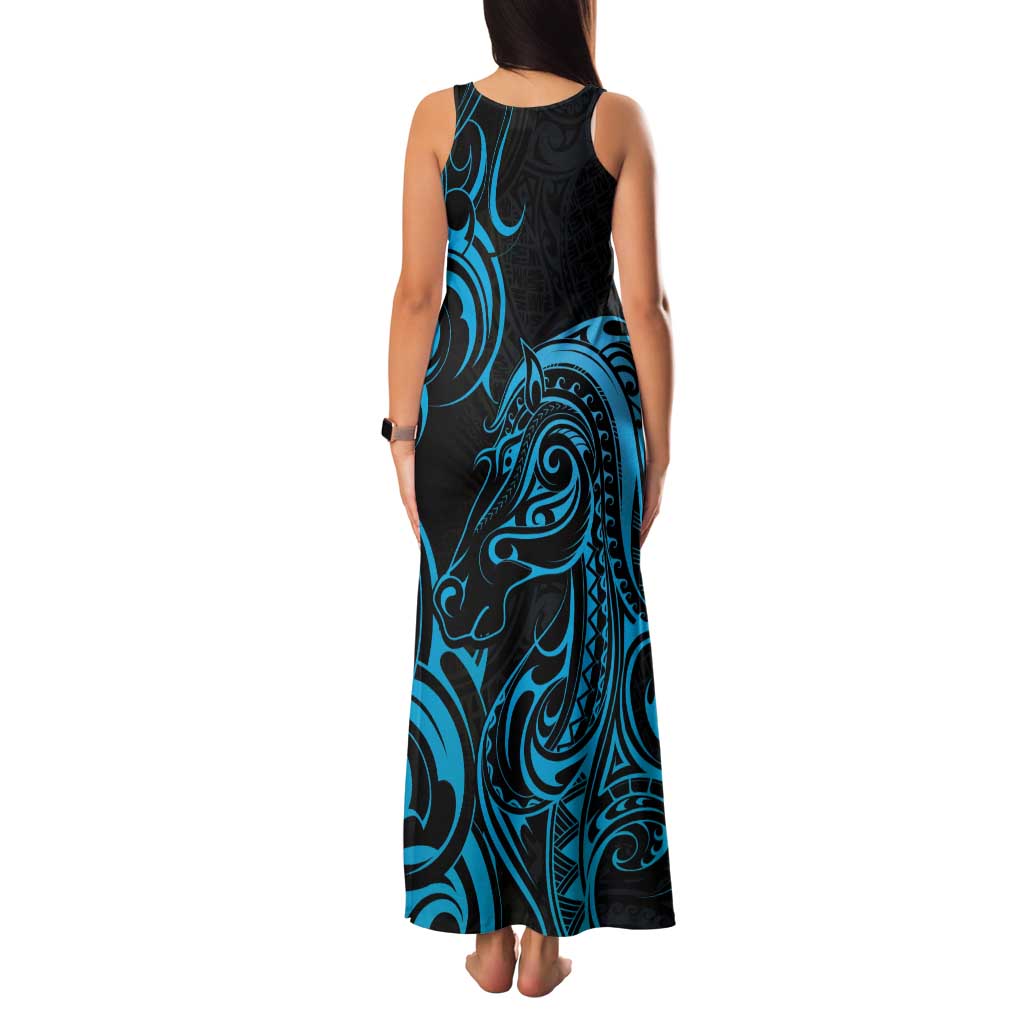 Blue Aoteara Horse Racing Family Matching Tank Maxi Dress and Hawaiian Shirt NZ Maori Pattern