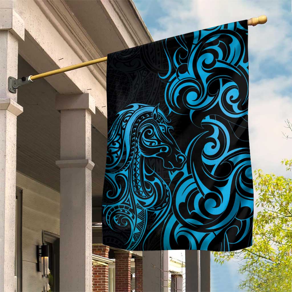Blue Aoteara Horse Racing Garden Flag NZ Maori Pattern - Vibe Hoodie Shop