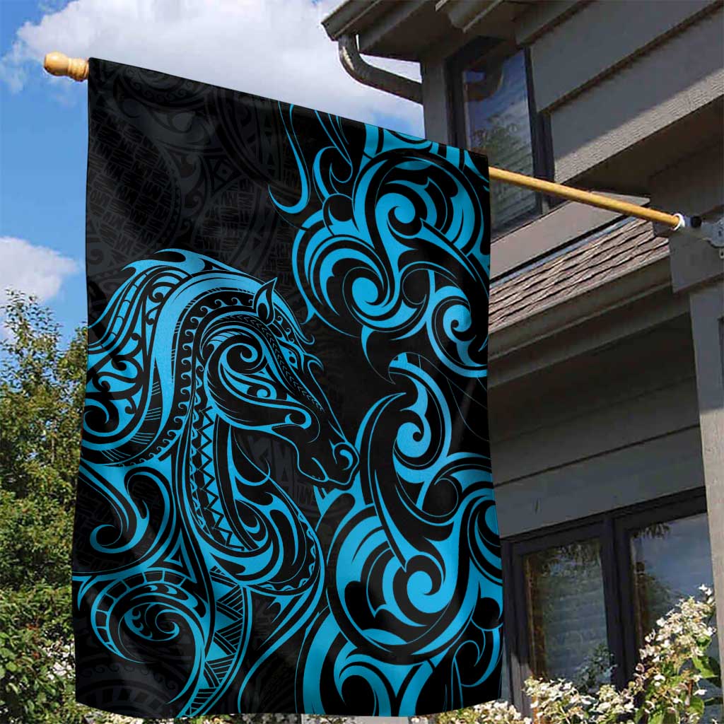 Blue Aoteara Horse Racing Garden Flag NZ Maori Pattern - Vibe Hoodie Shop