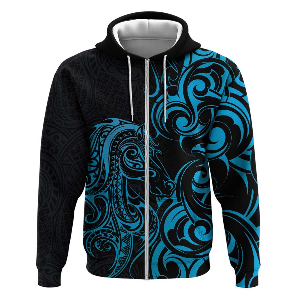 Blue Aoteara Horse Racing Hoodie NZ Maori Pattern - Vibe Hoodie Shop