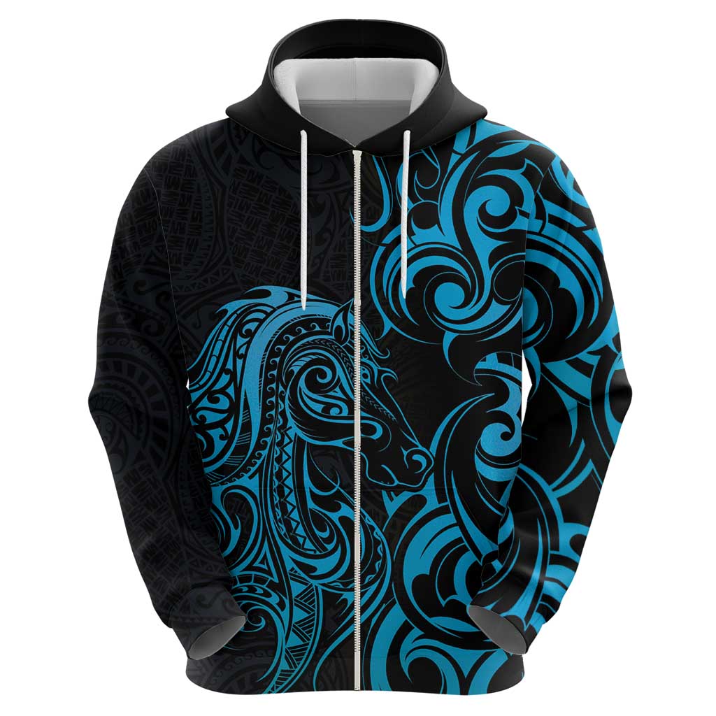 Blue Aoteara Horse Racing Hoodie NZ Maori Pattern - Vibe Hoodie Shop