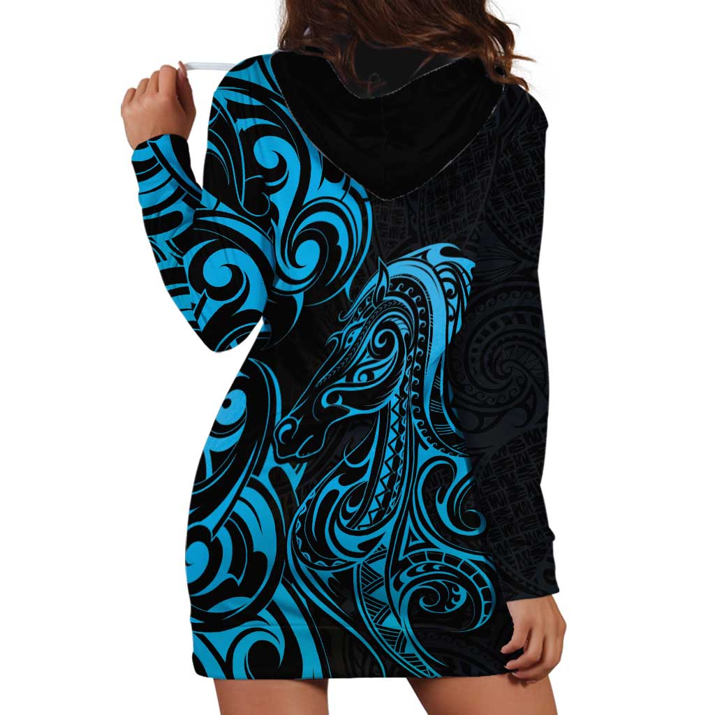Blue Aoteara Horse Racing Hoodie Dress NZ Maori Pattern - Vibe Hoodie Shop