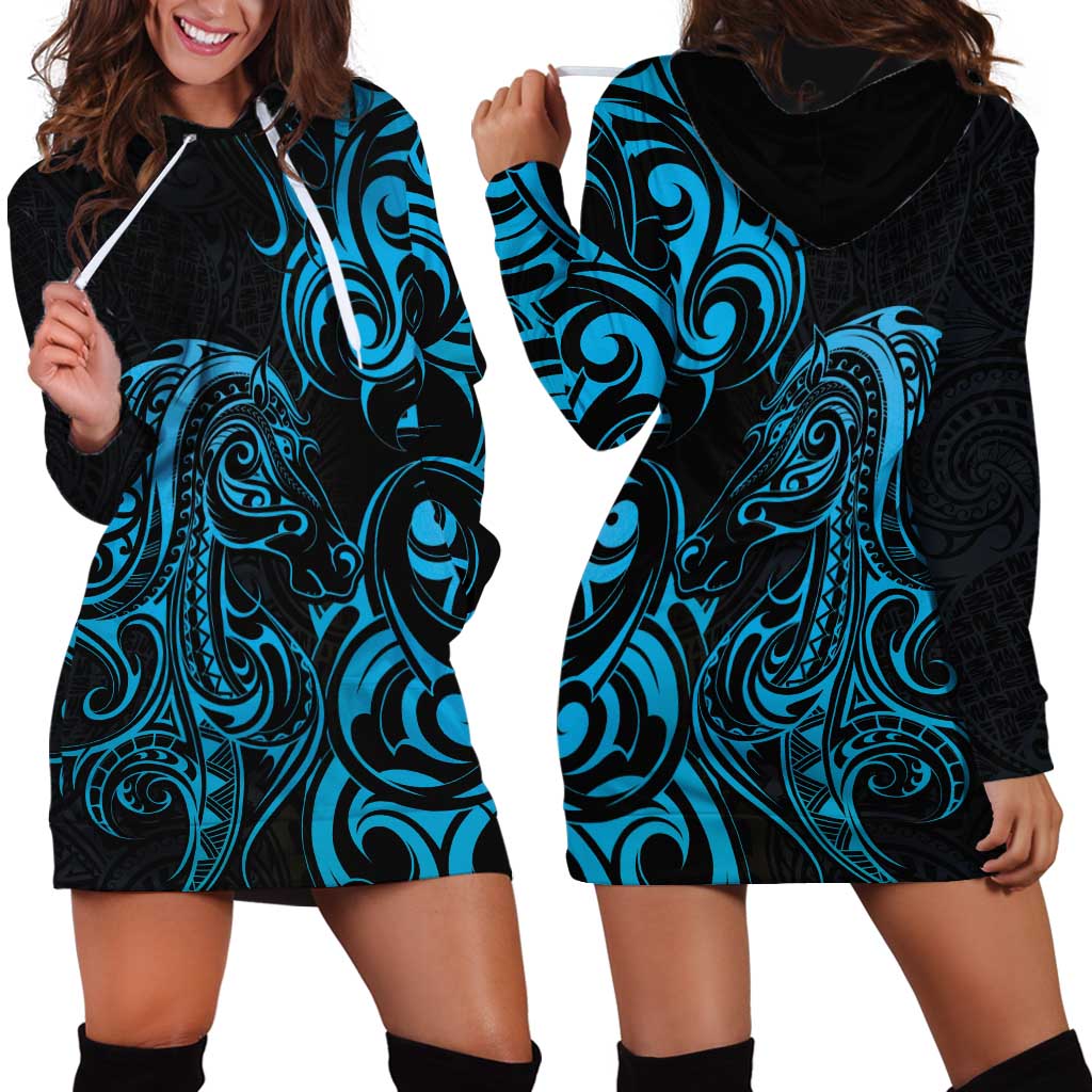 Blue Aoteara Horse Racing Hoodie Dress NZ Maori Pattern - Vibe Hoodie Shop
