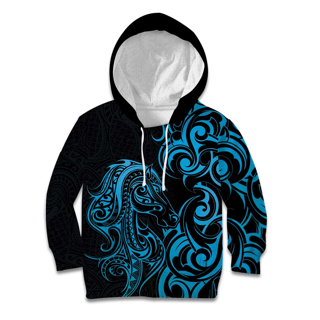 Blue Aoteara Horse Racing Kid Hoodie NZ Maori Pattern - Vibe Hoodie Shop