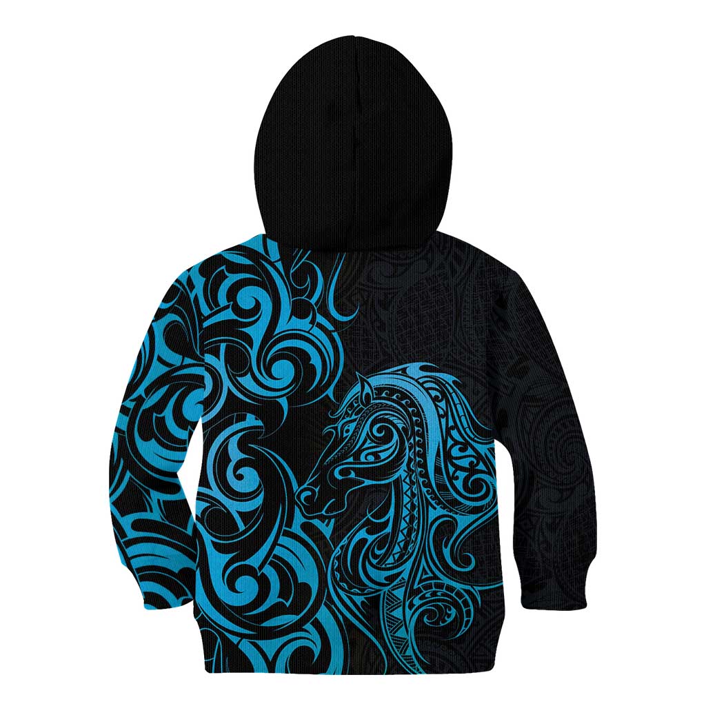 Blue Aoteara Horse Racing Kid Hoodie NZ Maori Pattern - Vibe Hoodie Shop