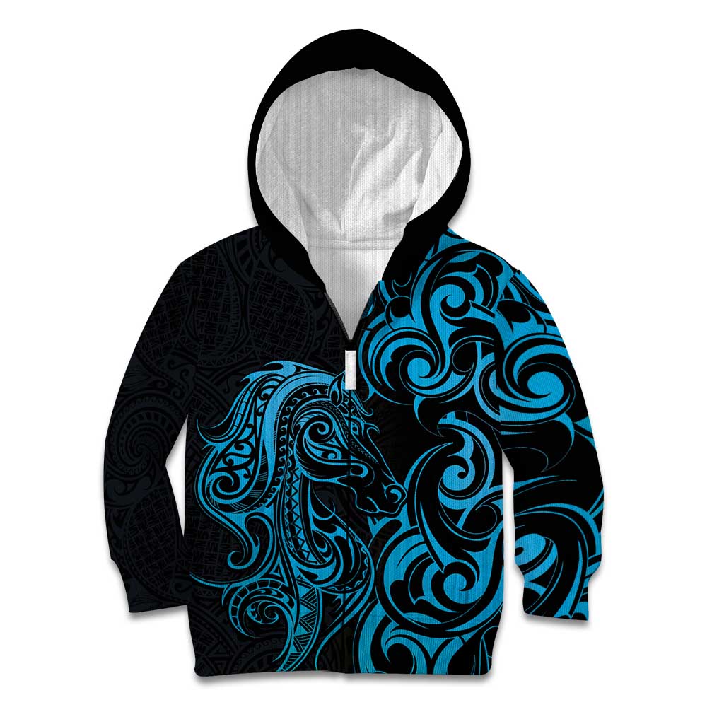 Blue Aoteara Horse Racing Kid Hoodie NZ Maori Pattern - Vibe Hoodie Shop