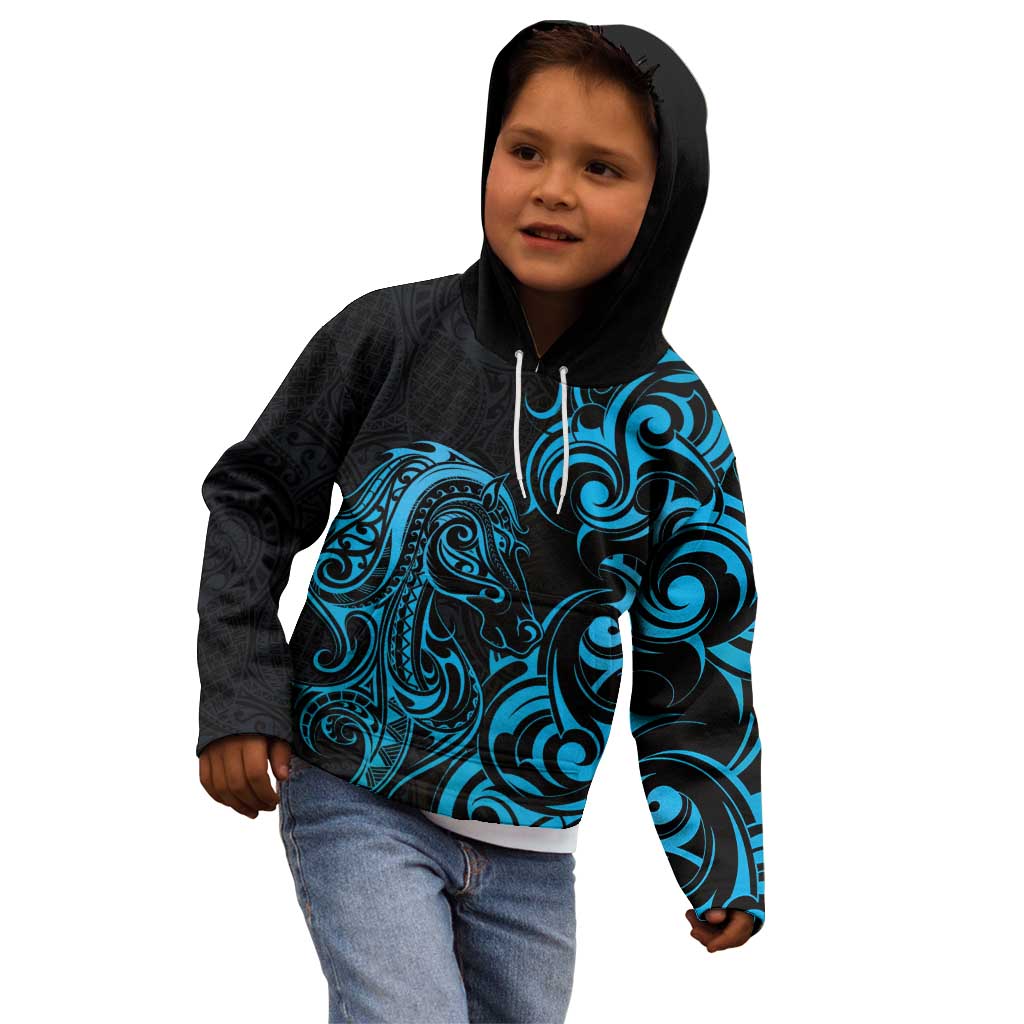 Blue Aoteara Horse Racing Kid Hoodie NZ Maori Pattern - Vibe Hoodie Shop