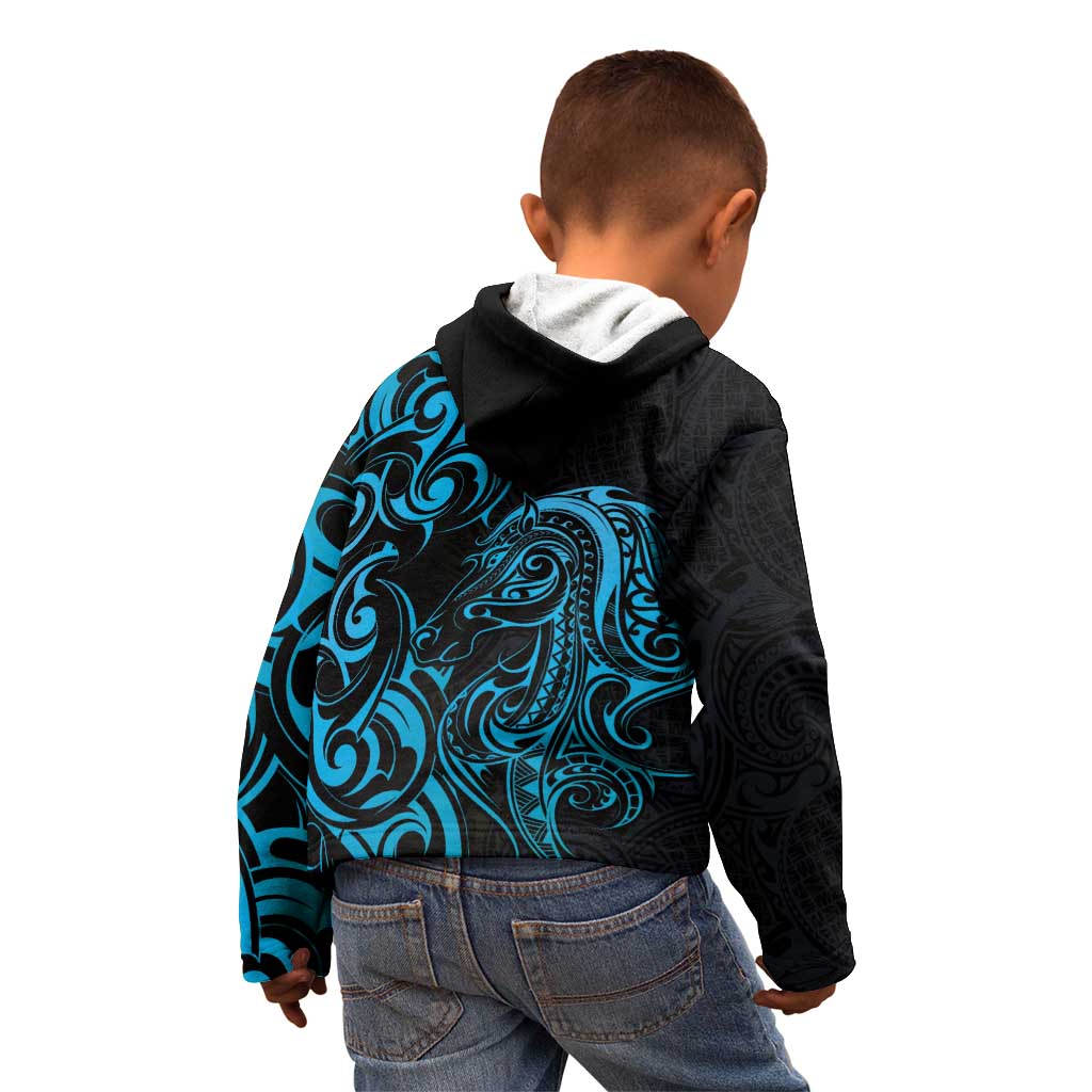 Blue Aoteara Horse Racing Kid Hoodie NZ Maori Pattern - Vibe Hoodie Shop