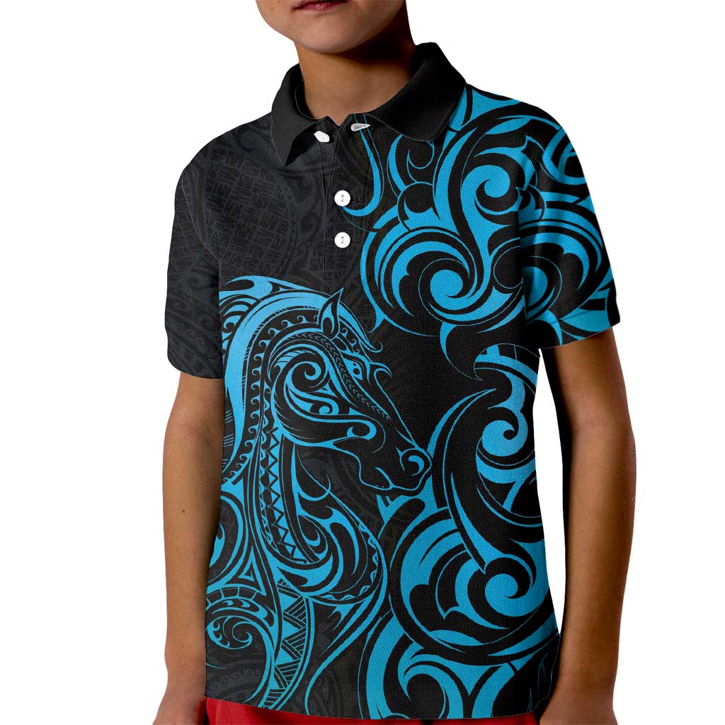 Blue Aoteara Horse Racing Kid Polo Shirt NZ Maori Pattern - Vibe Hoodie Shop