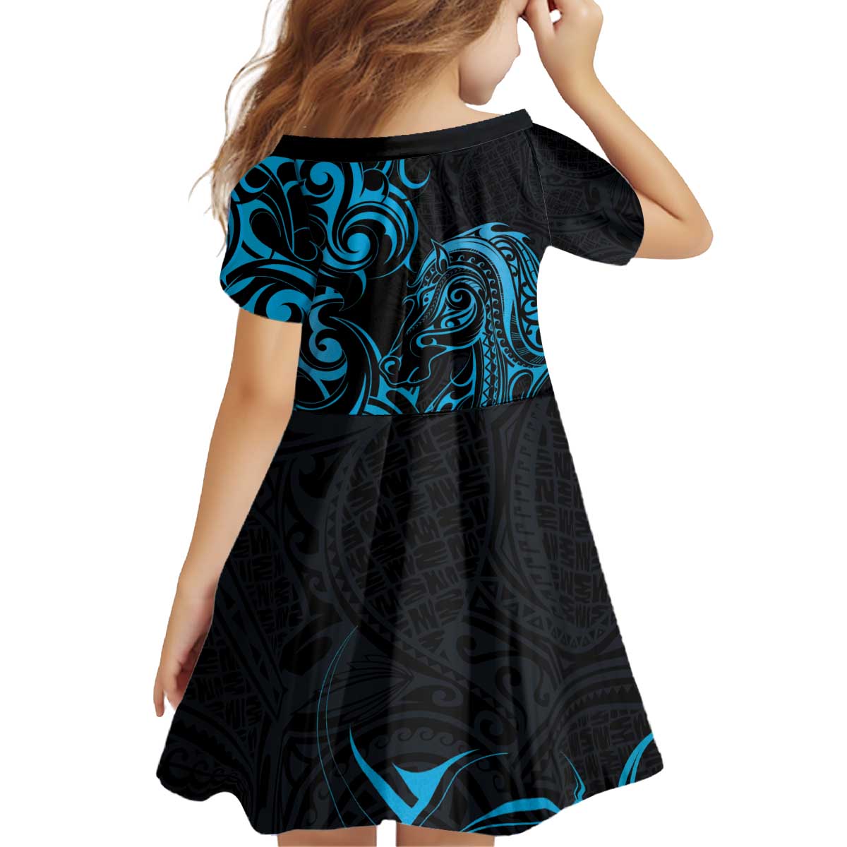 Blue Aoteara Horse Racing Kid Short Sleeve Dress NZ Maori Pattern - Vibe Hoodie Shop