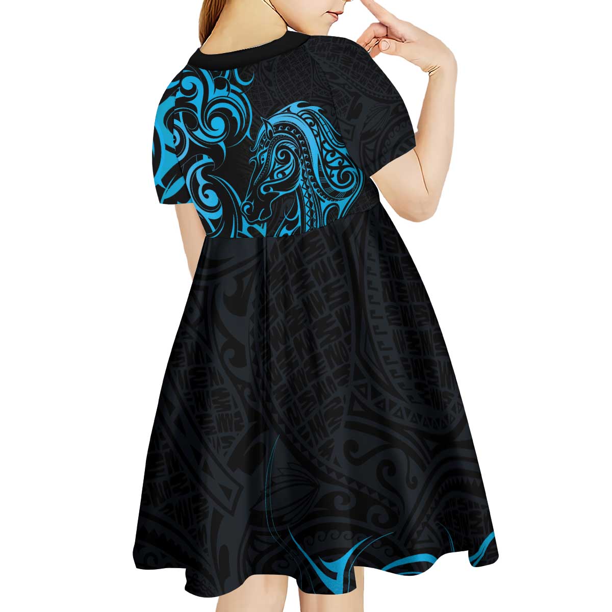 Blue Aoteara Horse Racing Kid Short Sleeve Dress NZ Maori Pattern - Vibe Hoodie Shop