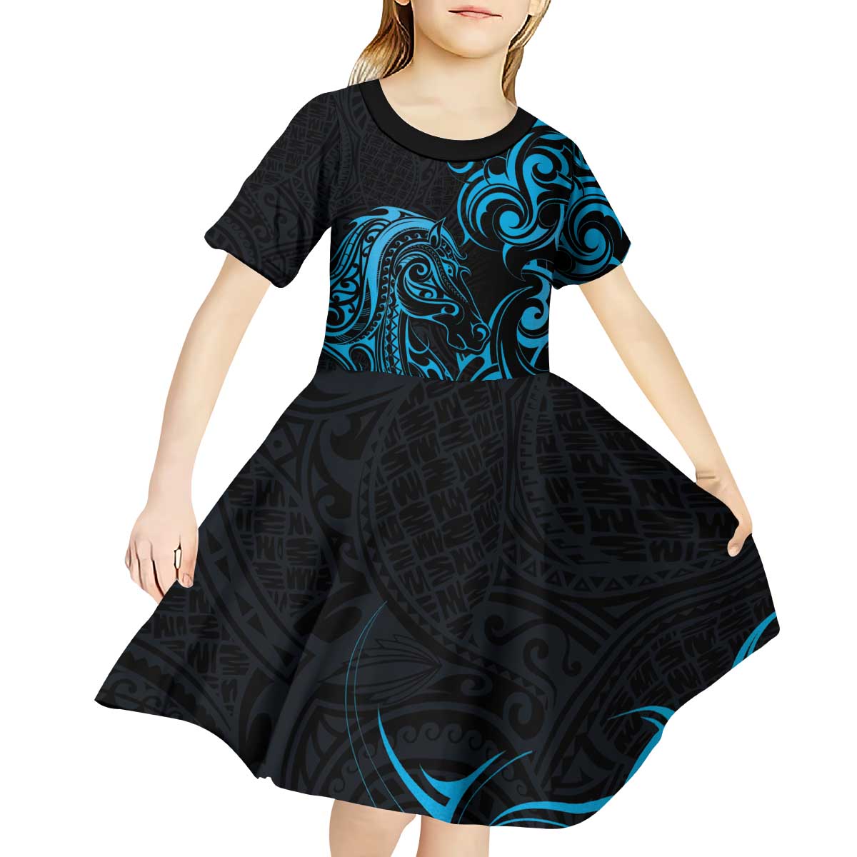 Blue Aoteara Horse Racing Kid Short Sleeve Dress NZ Maori Pattern - Vibe Hoodie Shop