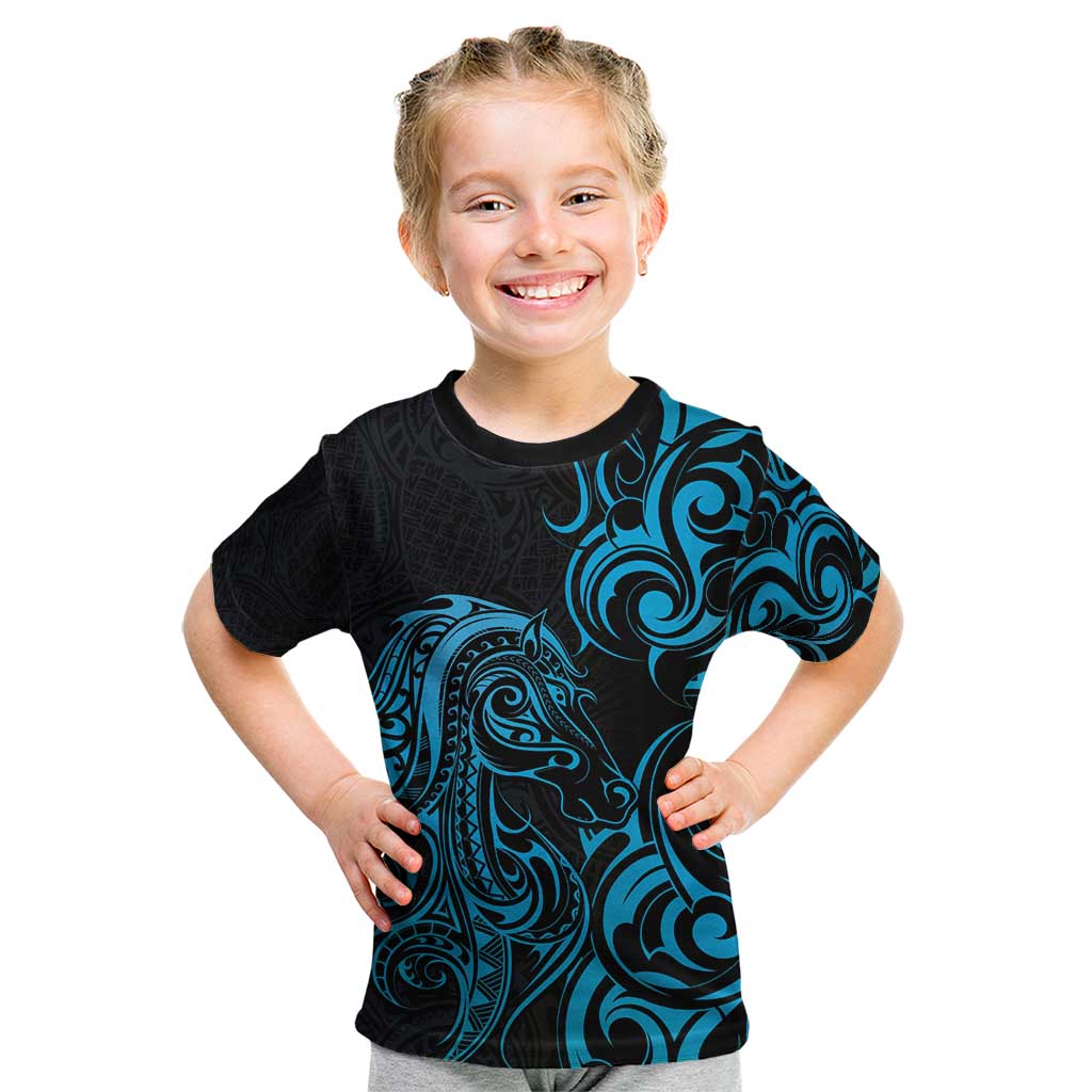 Blue Aoteara Horse Racing Kid T Shirt NZ Maori Pattern - Vibe Hoodie Shop