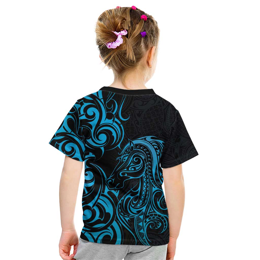 Blue Aoteara Horse Racing Kid T Shirt NZ Maori Pattern - Vibe Hoodie Shop