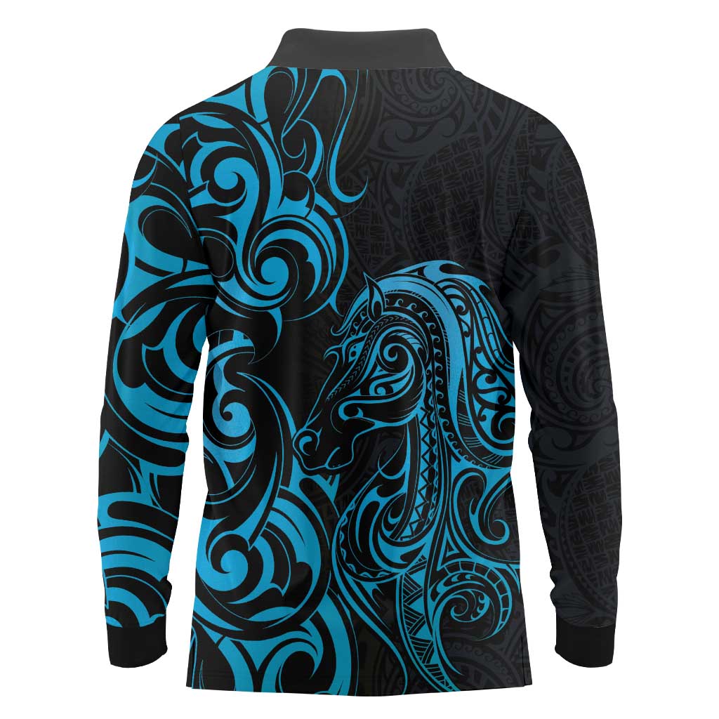 Blue Aoteara Horse Racing Long Sleeve Polo Shirt NZ Maori Pattern