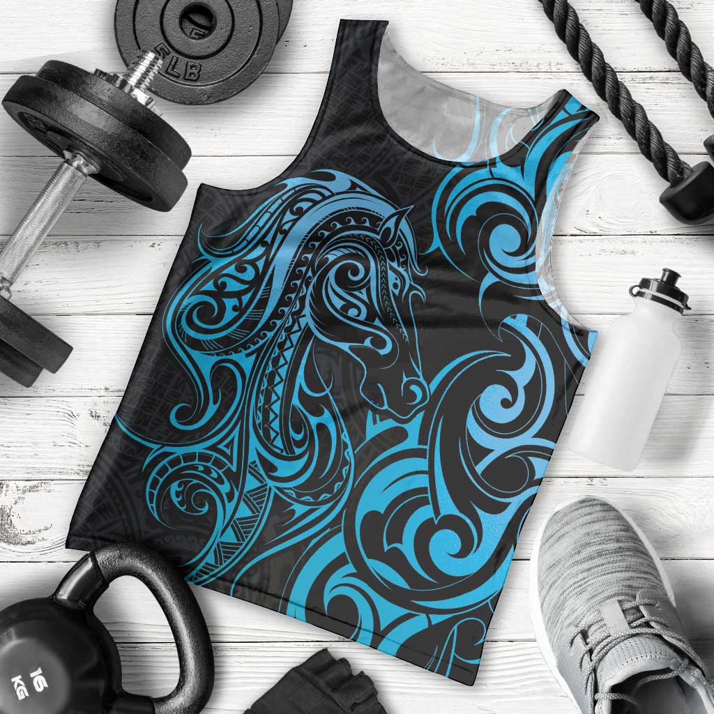 Blue Aoteara Horse Racing Men Tank Top NZ Maori Pattern - Vibe Hoodie Shop