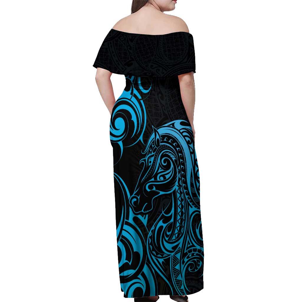 Blue Aoteara Horse Racing Off Shoulder Maxi Dress NZ Maori Pattern