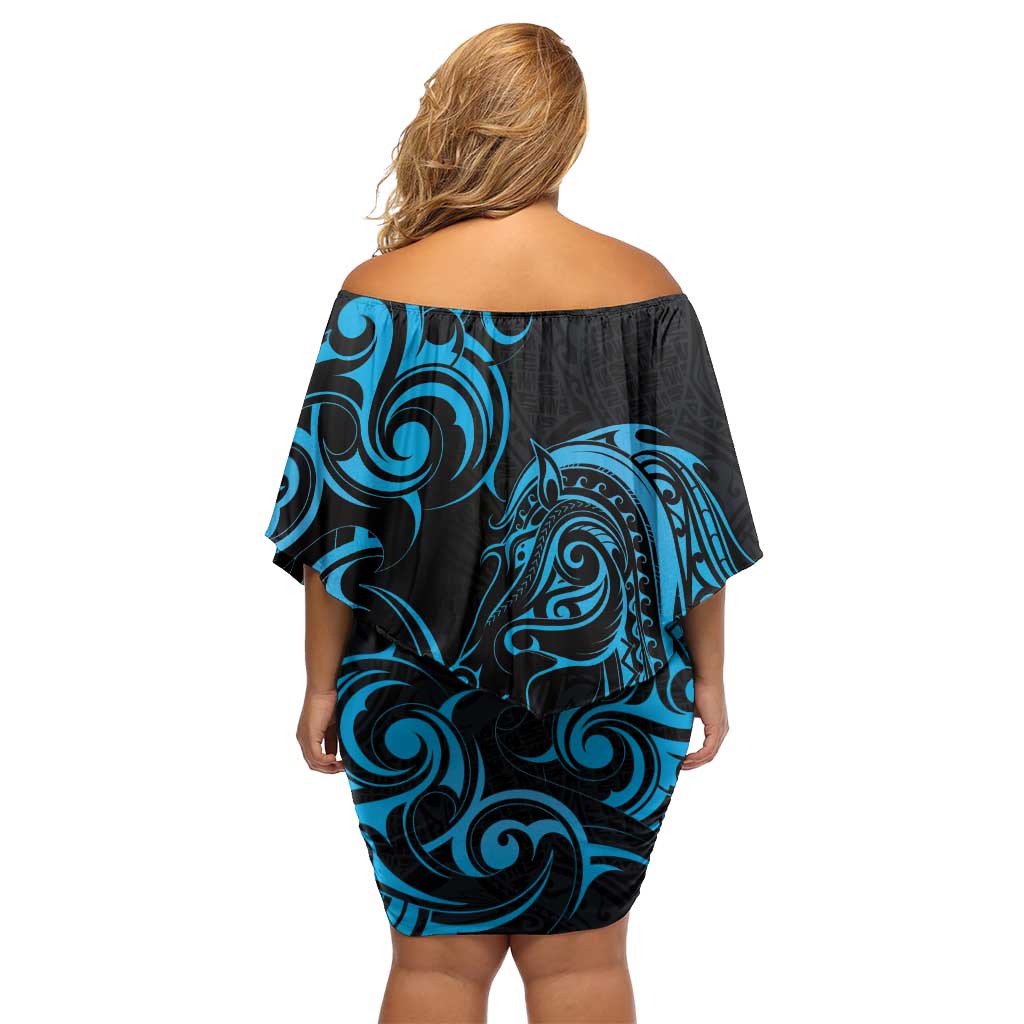 Blue Aoteara Horse Racing Off Shoulder Short Dress NZ Maori Pattern