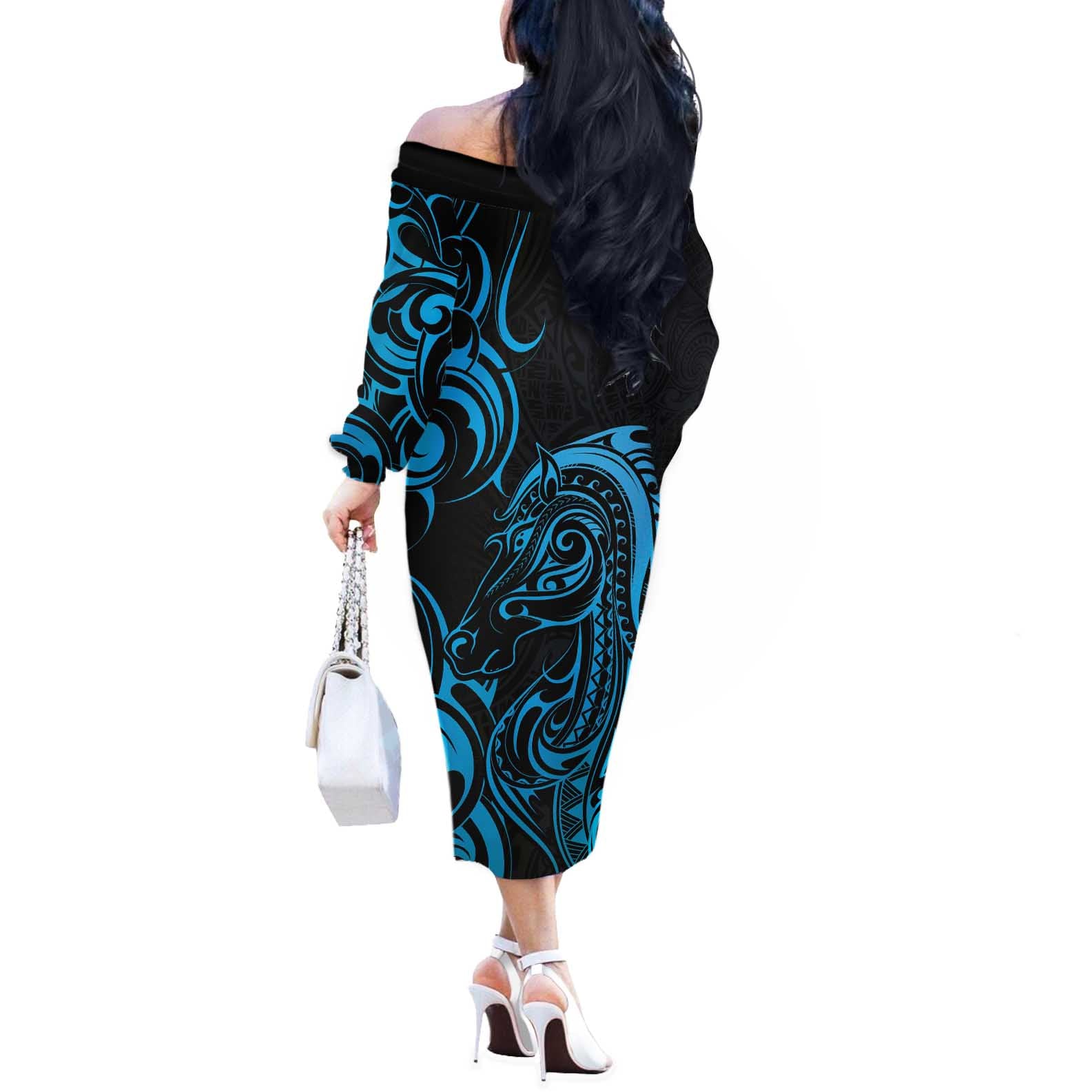 Blue Aoteara Horse Racing Off The Shoulder Long Sleeve Dress NZ Maori Pattern