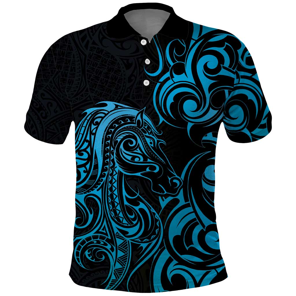 Blue Aoteara Horse Racing Polo Shirt NZ Maori Pattern - Vibe Hoodie Shop