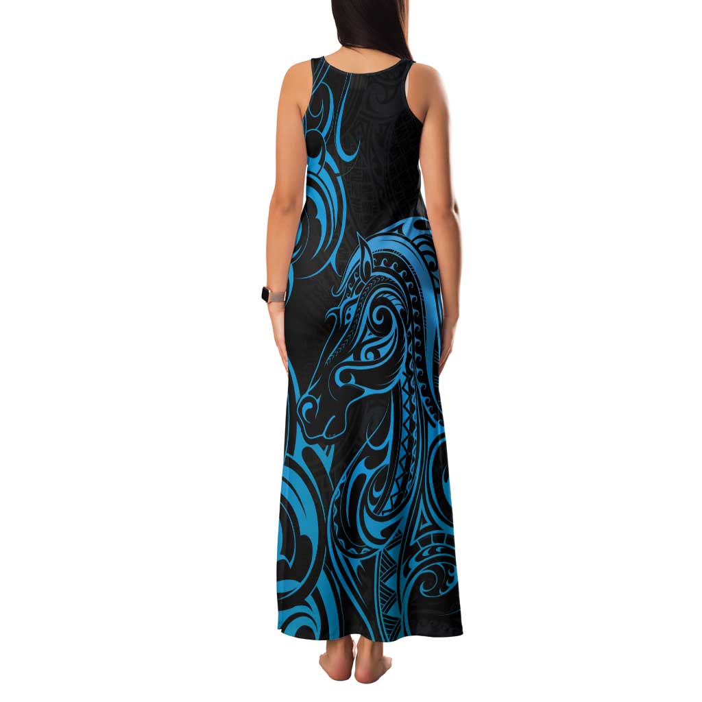 Blue Aoteara Horse Racing Tank Maxi Dress NZ Maori Pattern