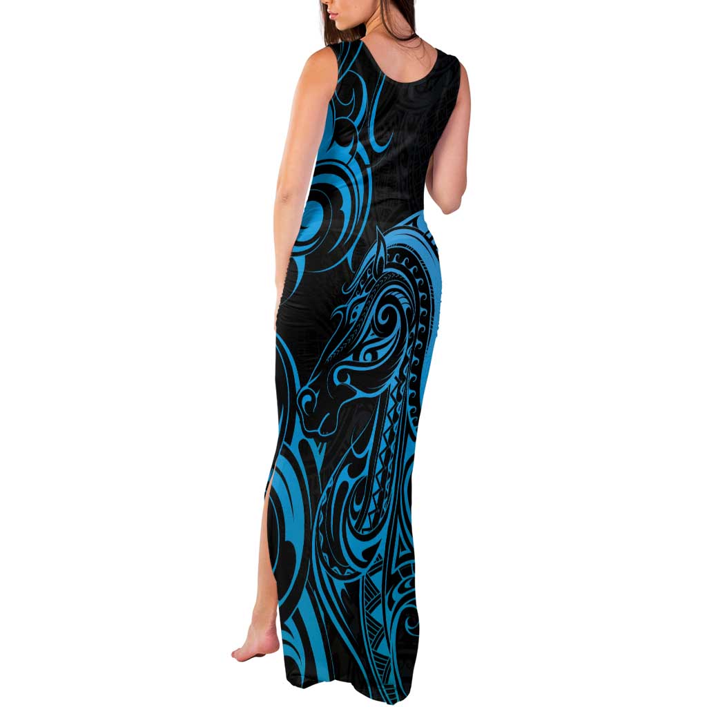 Blue Aoteara Horse Racing Tank Maxi Dress NZ Maori Pattern