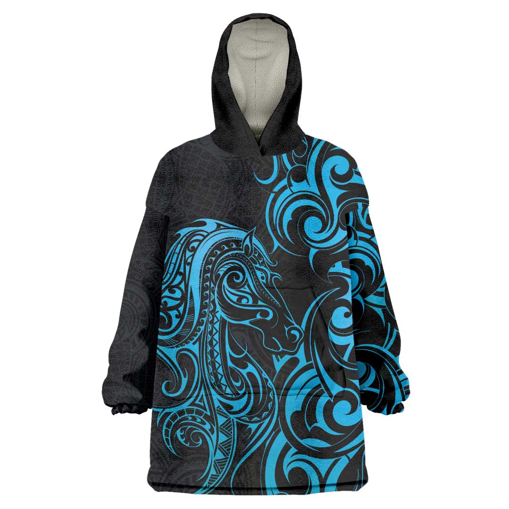 Blue Aoteara Horse Racing Wearable Blanket Hoodie NZ Maori Pattern - Vibe Hoodie Shop