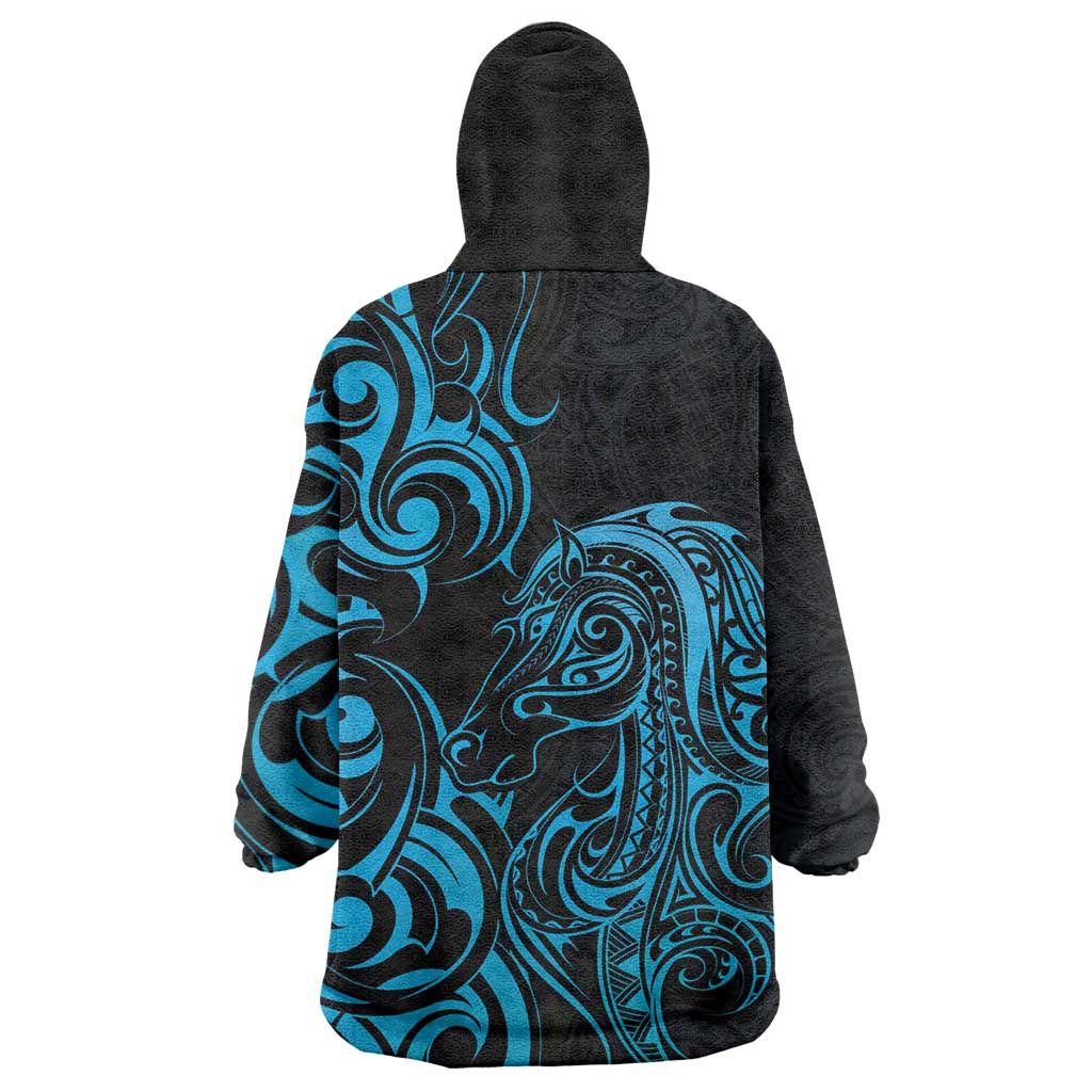 Blue Aoteara Horse Racing Wearable Blanket Hoodie NZ Maori Pattern - Vibe Hoodie Shop