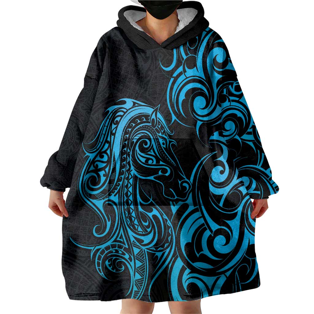 Blue Aoteara Horse Racing Wearable Blanket Hoodie NZ Maori Pattern - Vibe Hoodie Shop