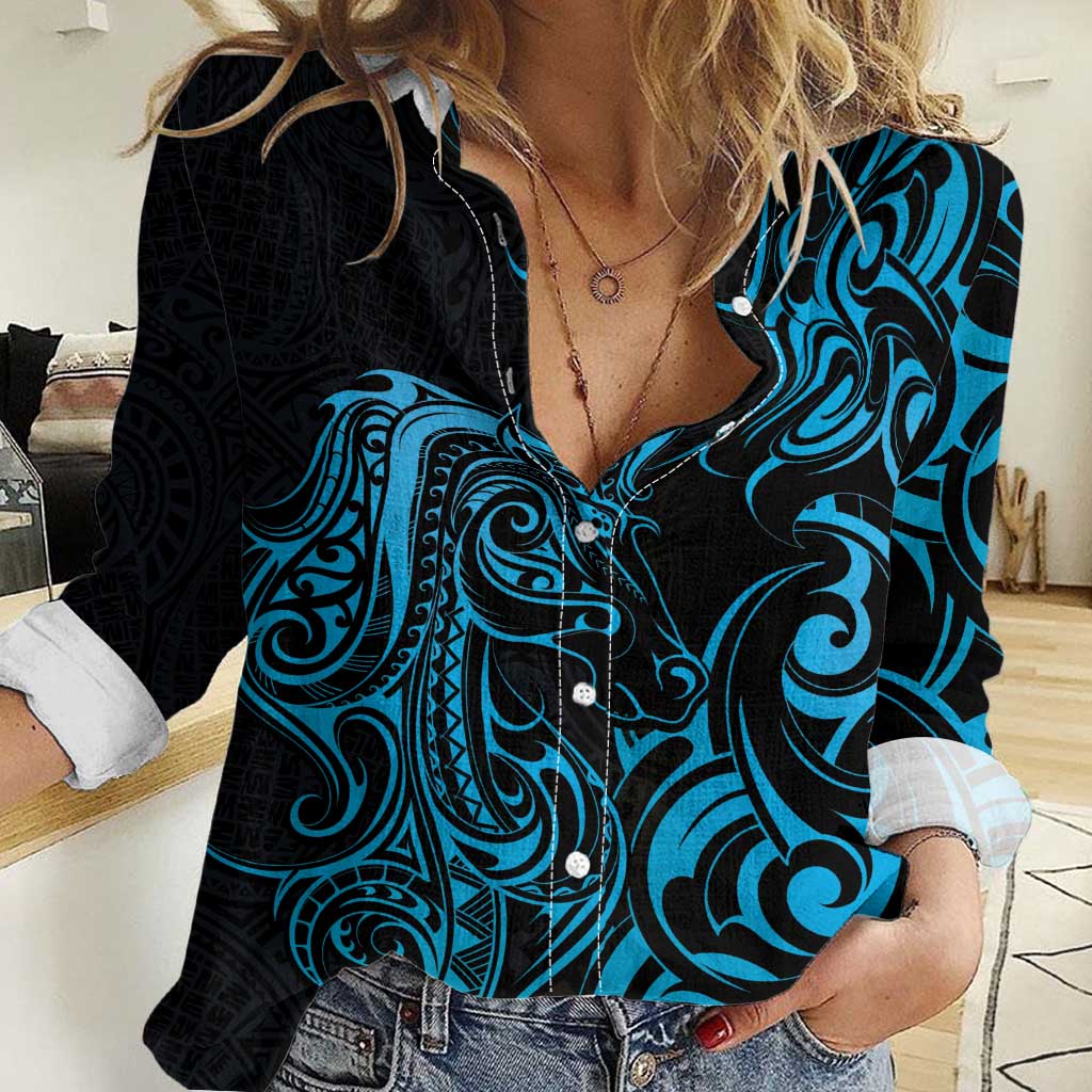 Blue Aoteara Horse Racing Women Casual Shirt NZ Maori Pattern - Vibe Hoodie Shop