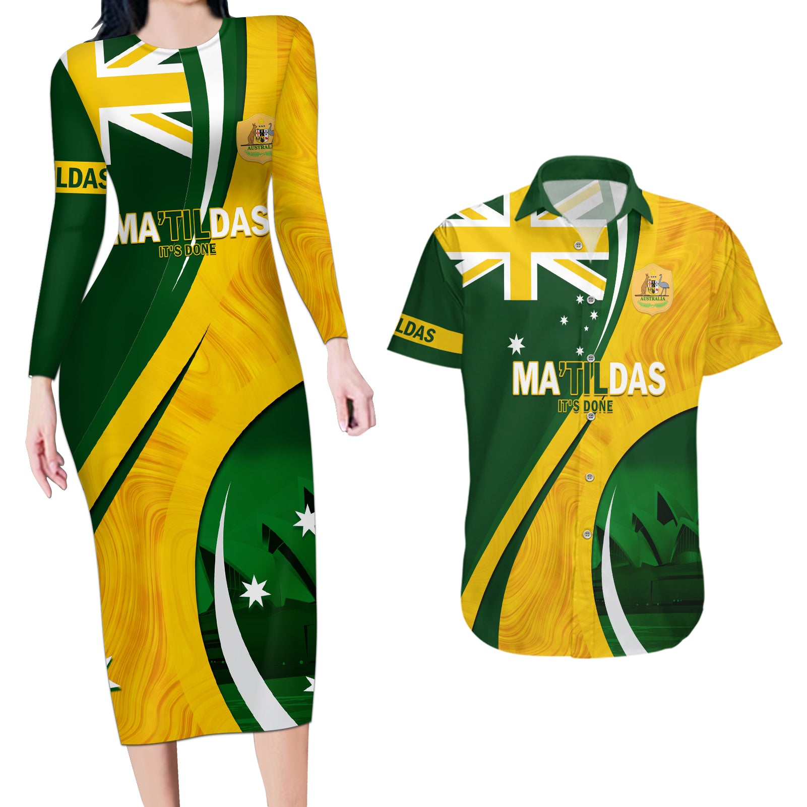 Matildas Soccer Couples Matching Long Sleeve Bodycon Dress and Hawaiian Shirt 2024 Happy Australia Day Kangaroo Aussie Proud - National Color