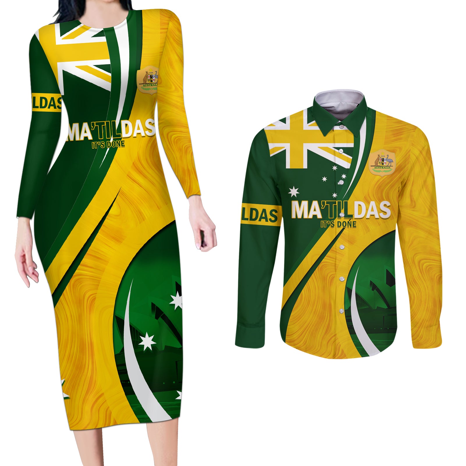 Matildas Soccer Couples Matching Long Sleeve Bodycon Dress and Long Sleeve Button Shirt 2024 Happy Australia Day Kangaroo Aussie Proud - National Color