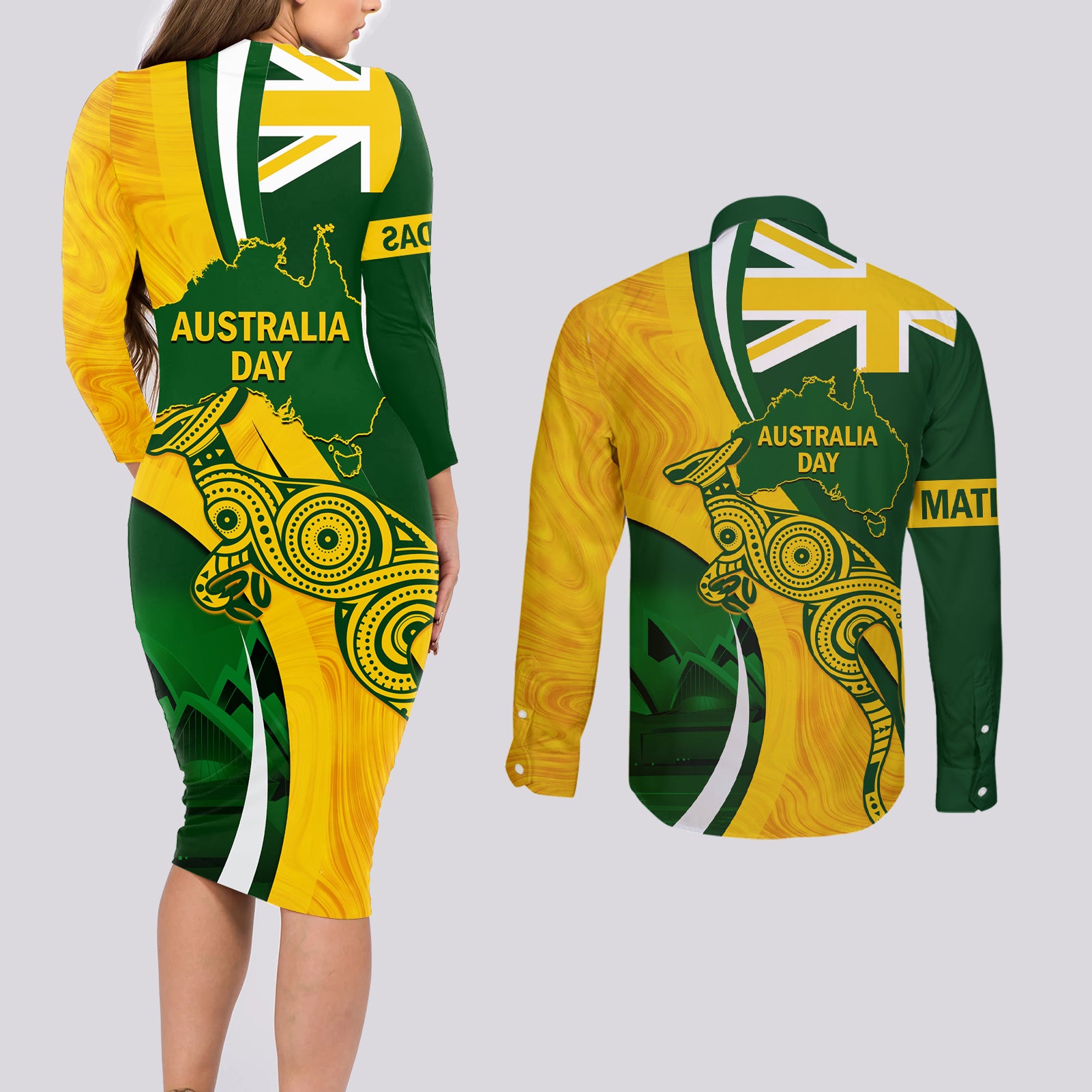 Matildas Soccer Couples Matching Long Sleeve Bodycon Dress and Long Sleeve Button Shirt 2024 Happy Australia Day Kangaroo Aussie Proud - National Color