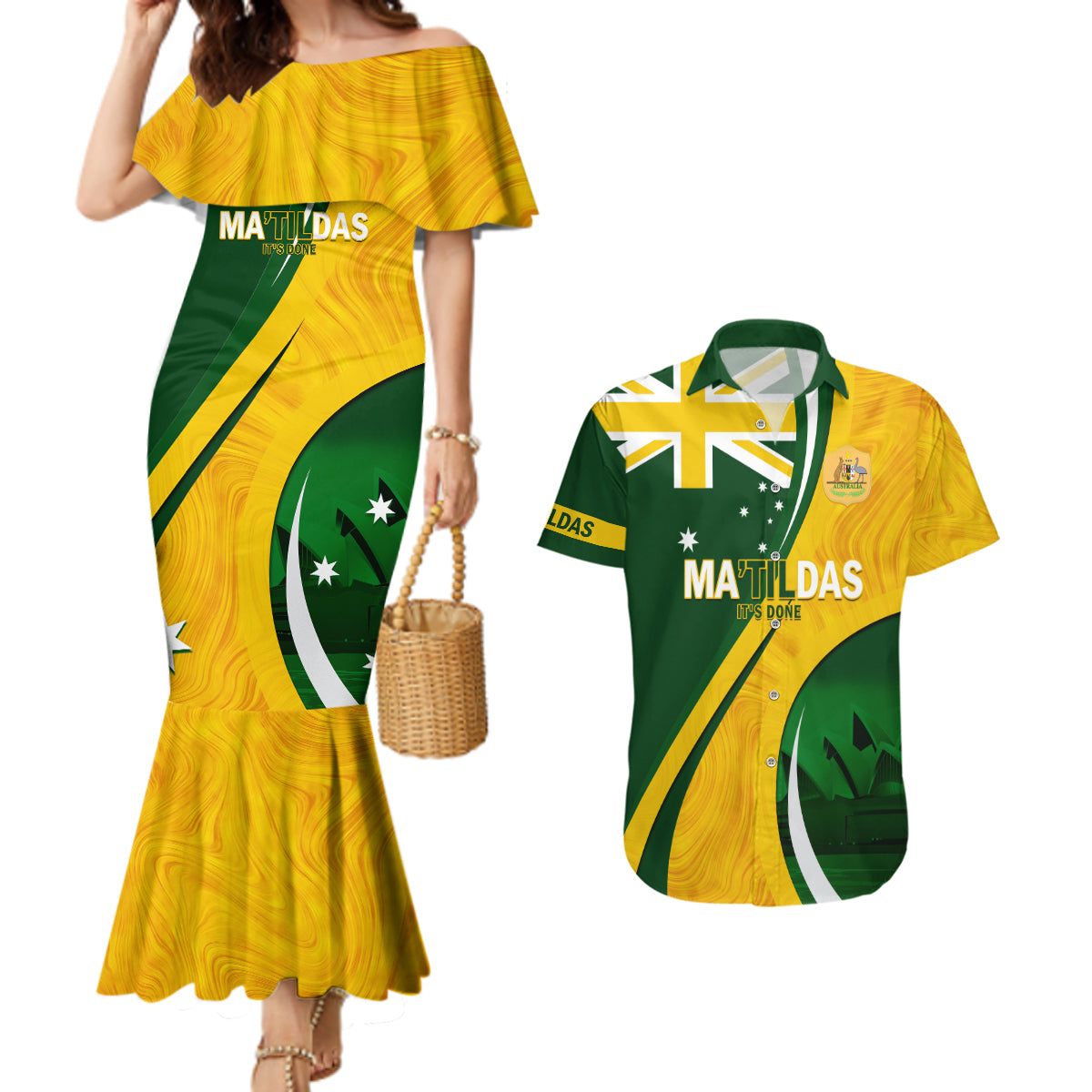 Matildas Soccer Couples Matching Mermaid Dress and Hawaiian Shirt 2024 Happy Australia Day Kangaroo Aussie Proud - National Color