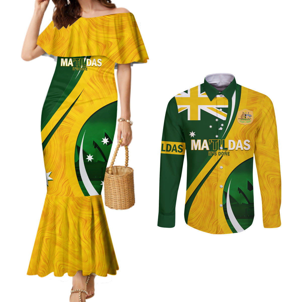 Matildas Soccer Couples Matching Mermaid Dress and Long Sleeve Button Shirt 2024 Happy Australia Day Kangaroo Aussie Proud - National Color