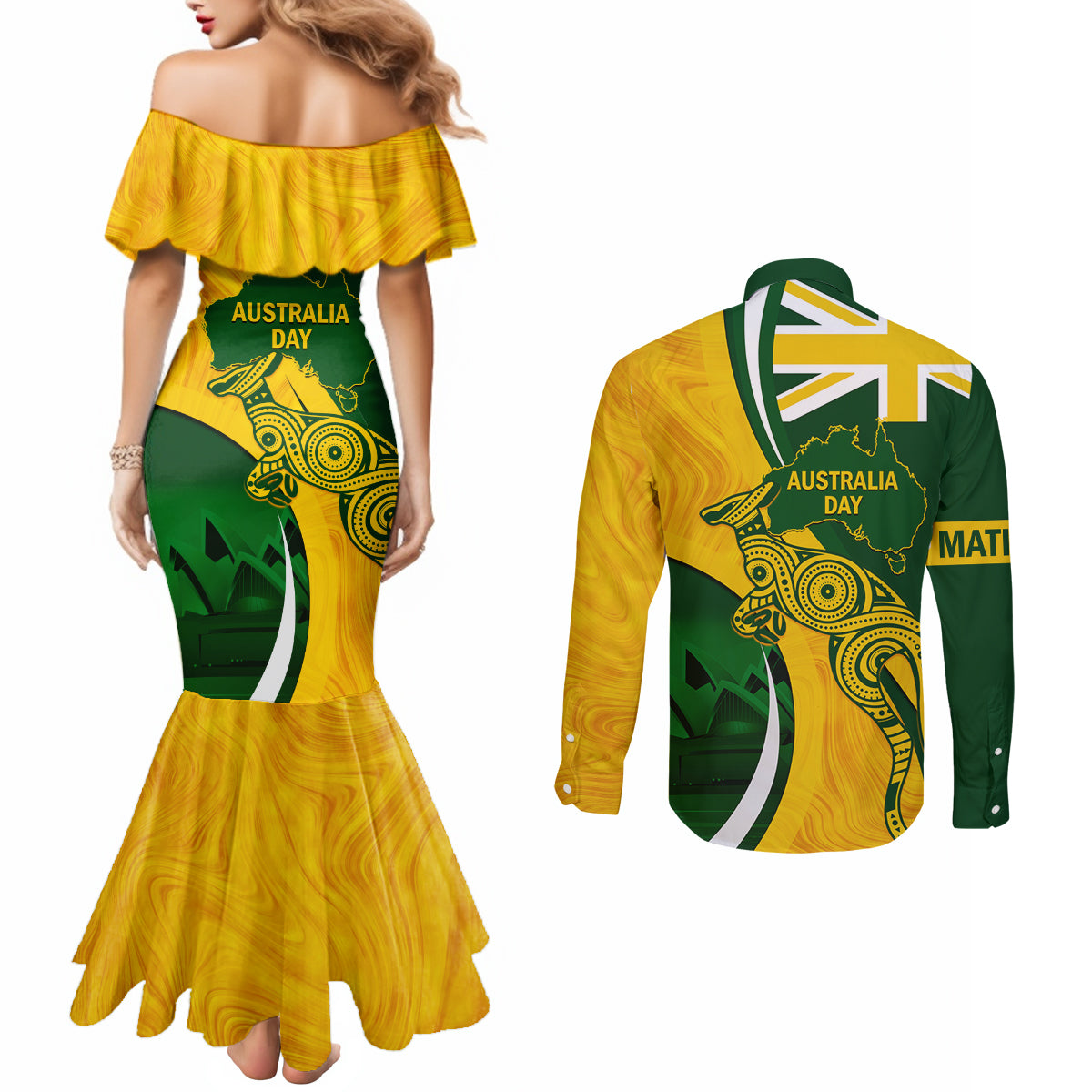 Matildas Soccer Couples Matching Mermaid Dress and Long Sleeve Button Shirt 2024 Happy Australia Day Kangaroo Aussie Proud - National Color