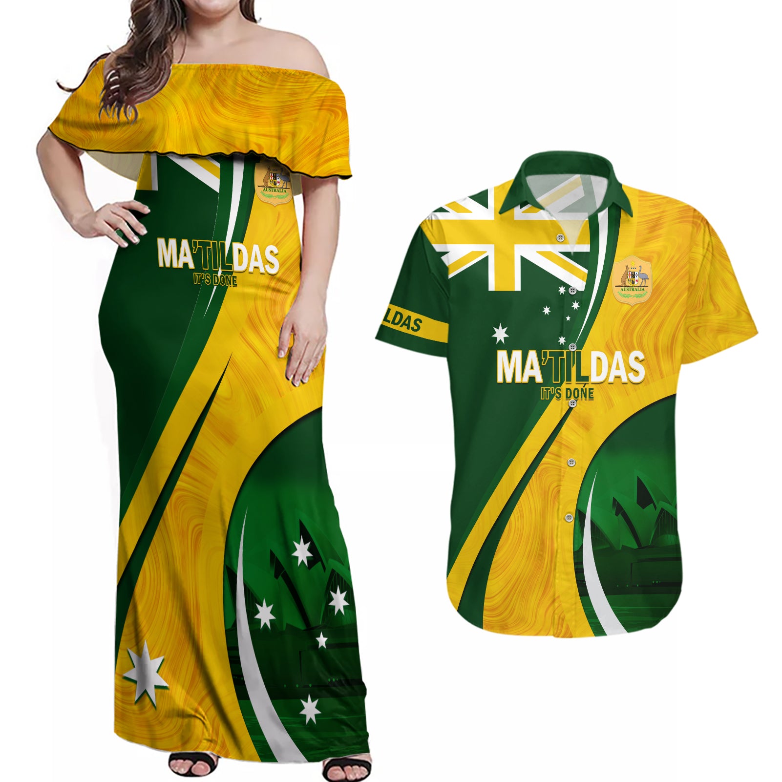 Matildas Soccer Couples Matching Off Shoulder Maxi Dress and Hawaiian Shirt 2024 Happy Australia Day Kangaroo Aussie Proud - National Color