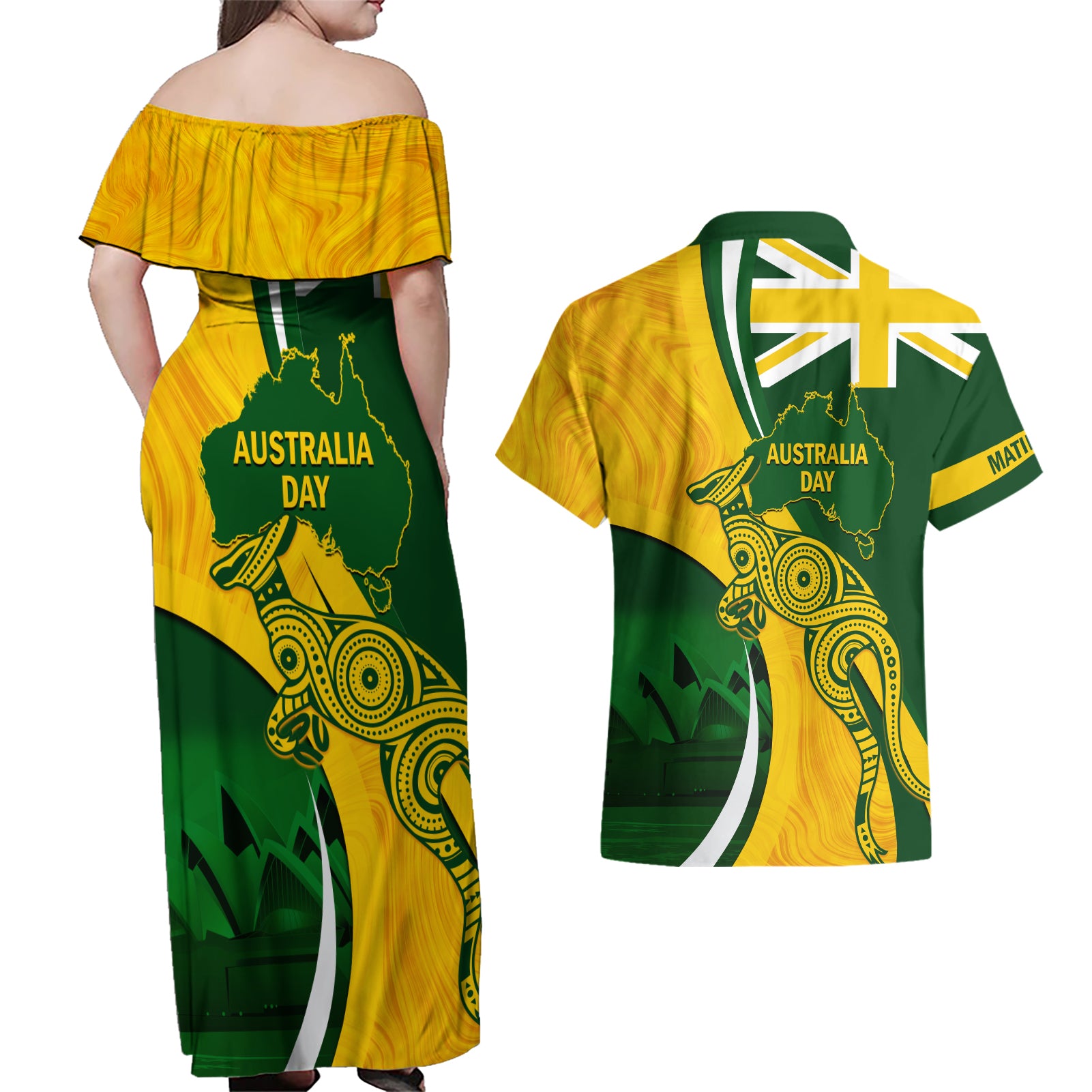 Matildas Soccer Couples Matching Off Shoulder Maxi Dress and Hawaiian Shirt 2024 Happy Australia Day Kangaroo Aussie Proud - National Color