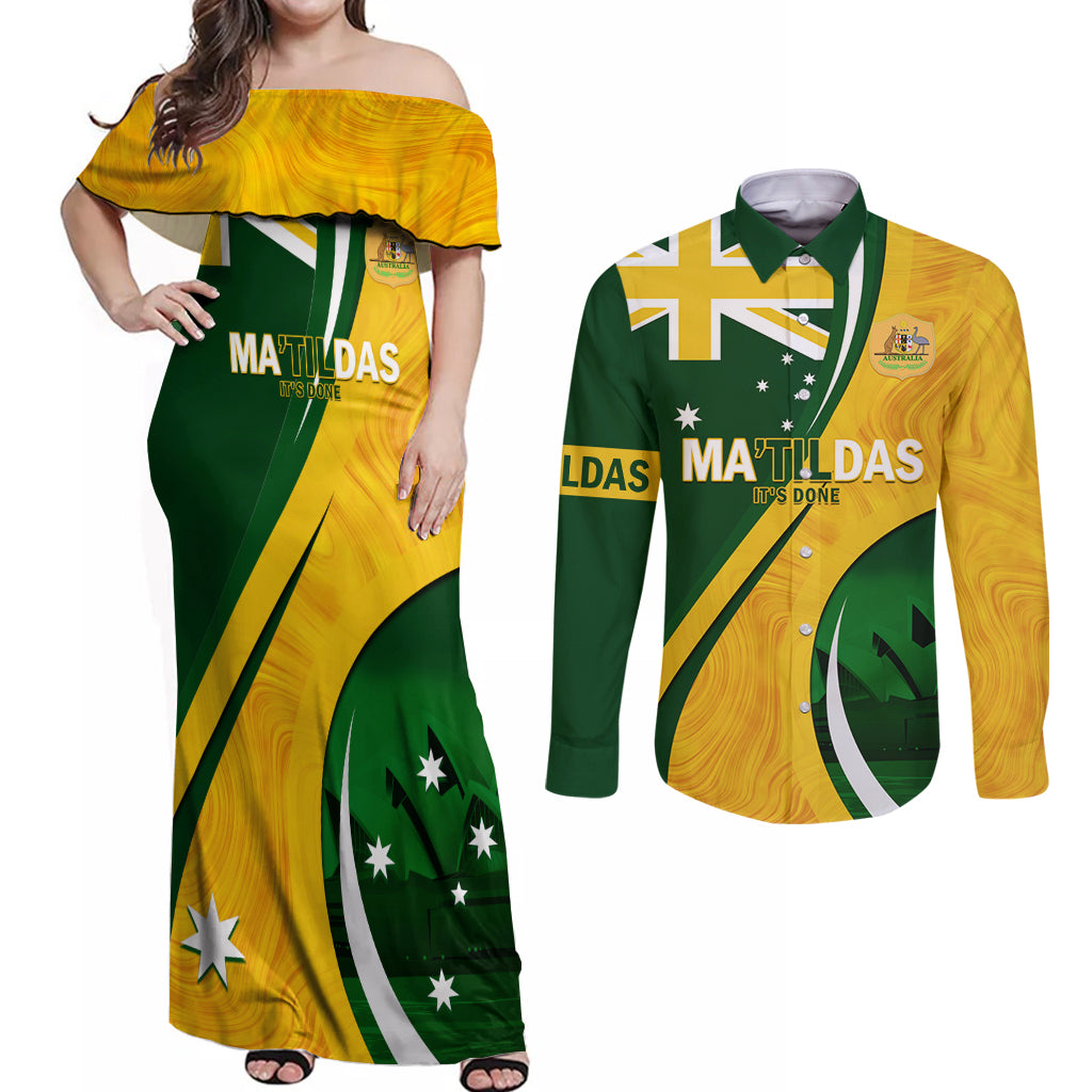 Matildas Soccer Couples Matching Off Shoulder Maxi Dress and Long Sleeve Button Shirt 2024 Happy Australia Day Kangaroo Aussie Proud - National Color